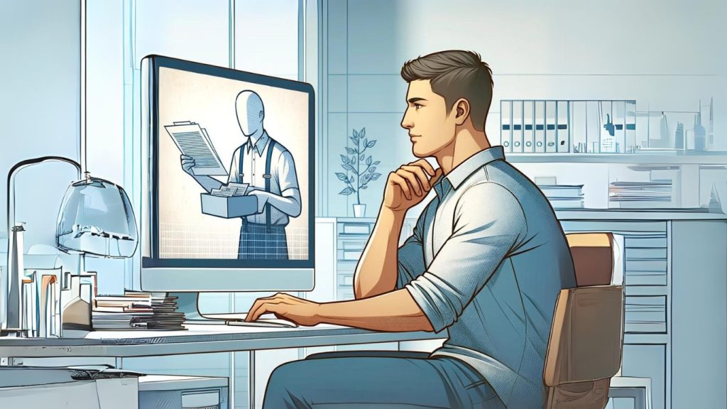 VirtualAssistantServices.telegramads.online Professional virtual assistant working on a computer in a modern office, with the screen showing manual labor illustration.