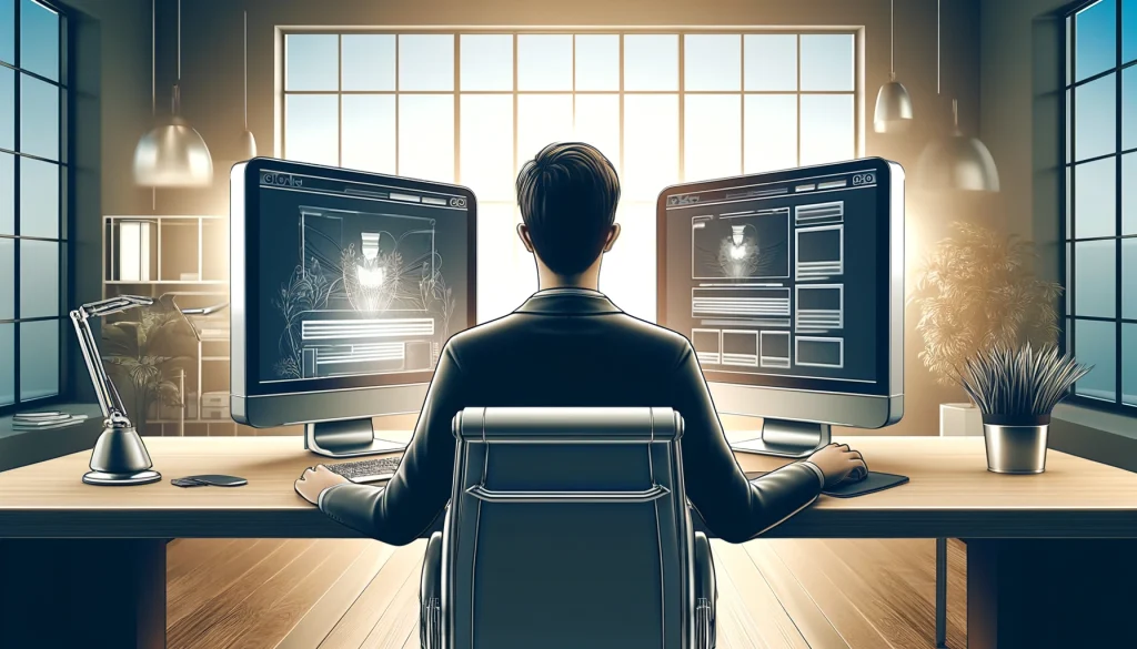 webcloning.telegramads.online Web developer working on website cloning with two monitors showing the same website design. telegramads.online