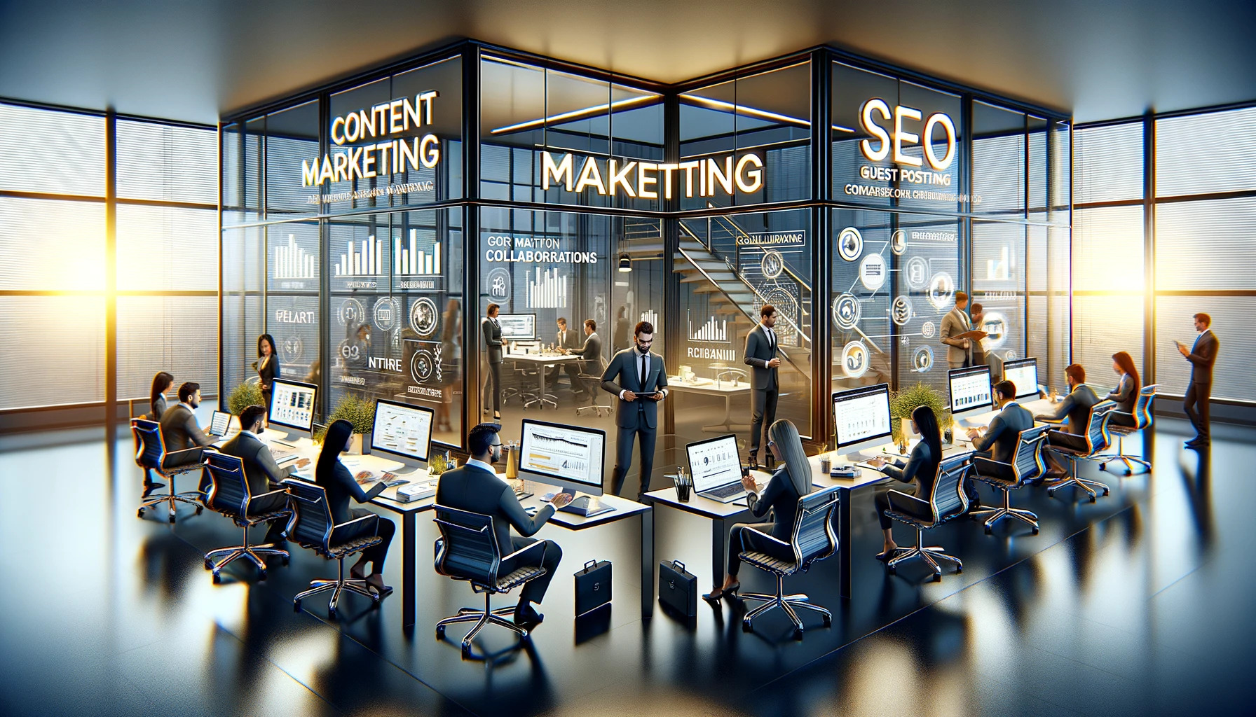 contentmarketing.telegramads.online (3) Digital marketing office with areas for Content Marketing, SEO, and Guest Posting, featuring professionals working in a modern, sleek design.