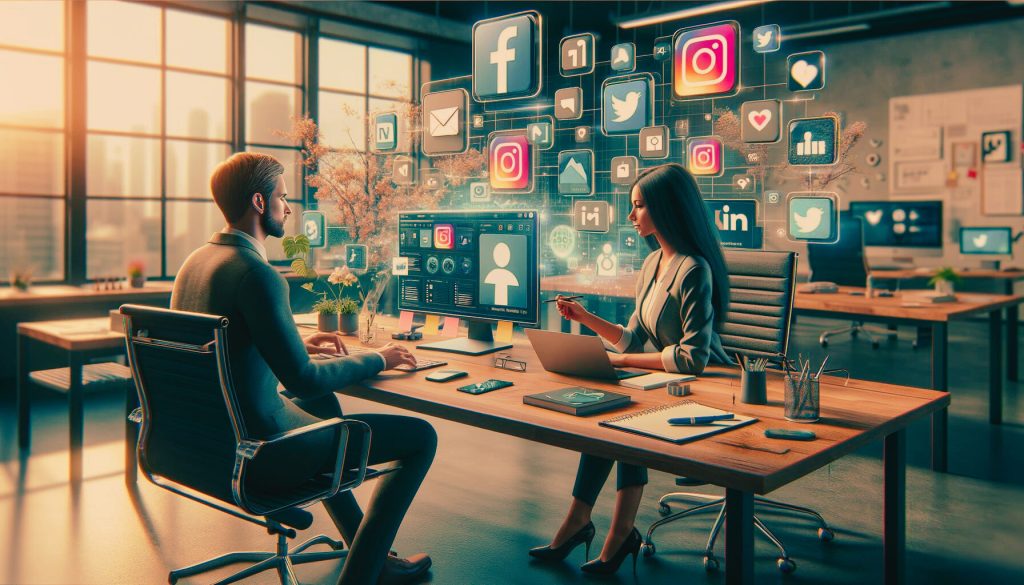 socialmedia.telegramads.online Social media marketing team analyzing data on multiple monitors displaying logos of Facebook, Twitter, Instagram, LinkedIn, TikTok, and Snapchat in a modern office environment.