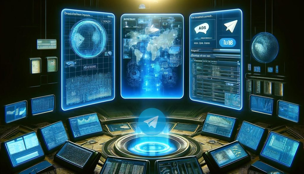 telegrammenuads.telegramads.online Advanced digital command center with a holographic Telegram icon representing an ads bot managing ad placements across groups
