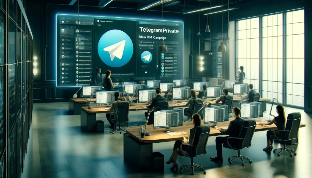 telegramprivatemassdm.telegramads.online Professional team managing a Telegram private mass DM campaign in a modern office setting with high-tech computers showing the Telegram interface.