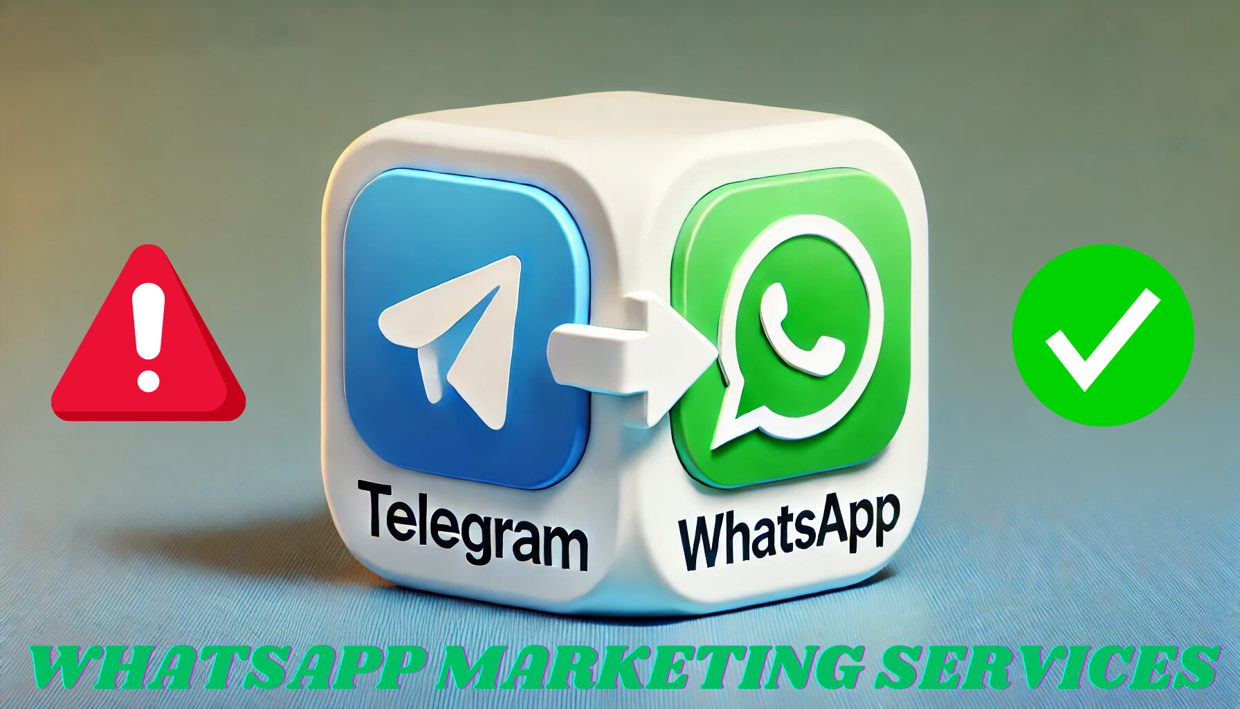 3D illustration of business transition from Telegram to WhatsApp, showcasing WhatsApp marketing benefits with the WhatsApp icon highlighted by growth symbols and the Telegram icon with warning indicators